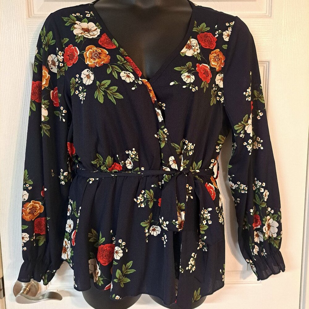 Shein Dark Blue Flowered Blouse